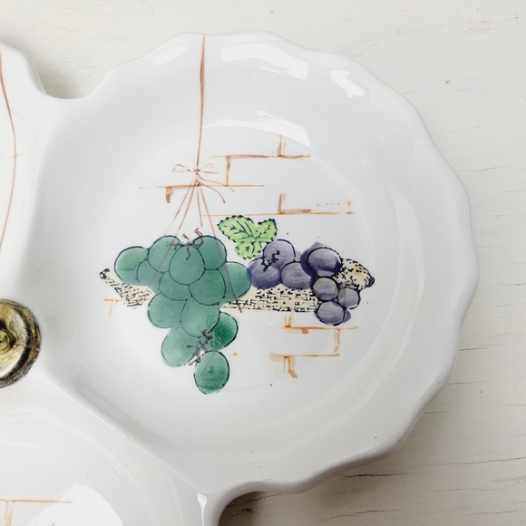 Vintage Japan Divided 3 Section Serving Dish Porcelain Hand Painted Fruit Brass - Picture 7 of 12